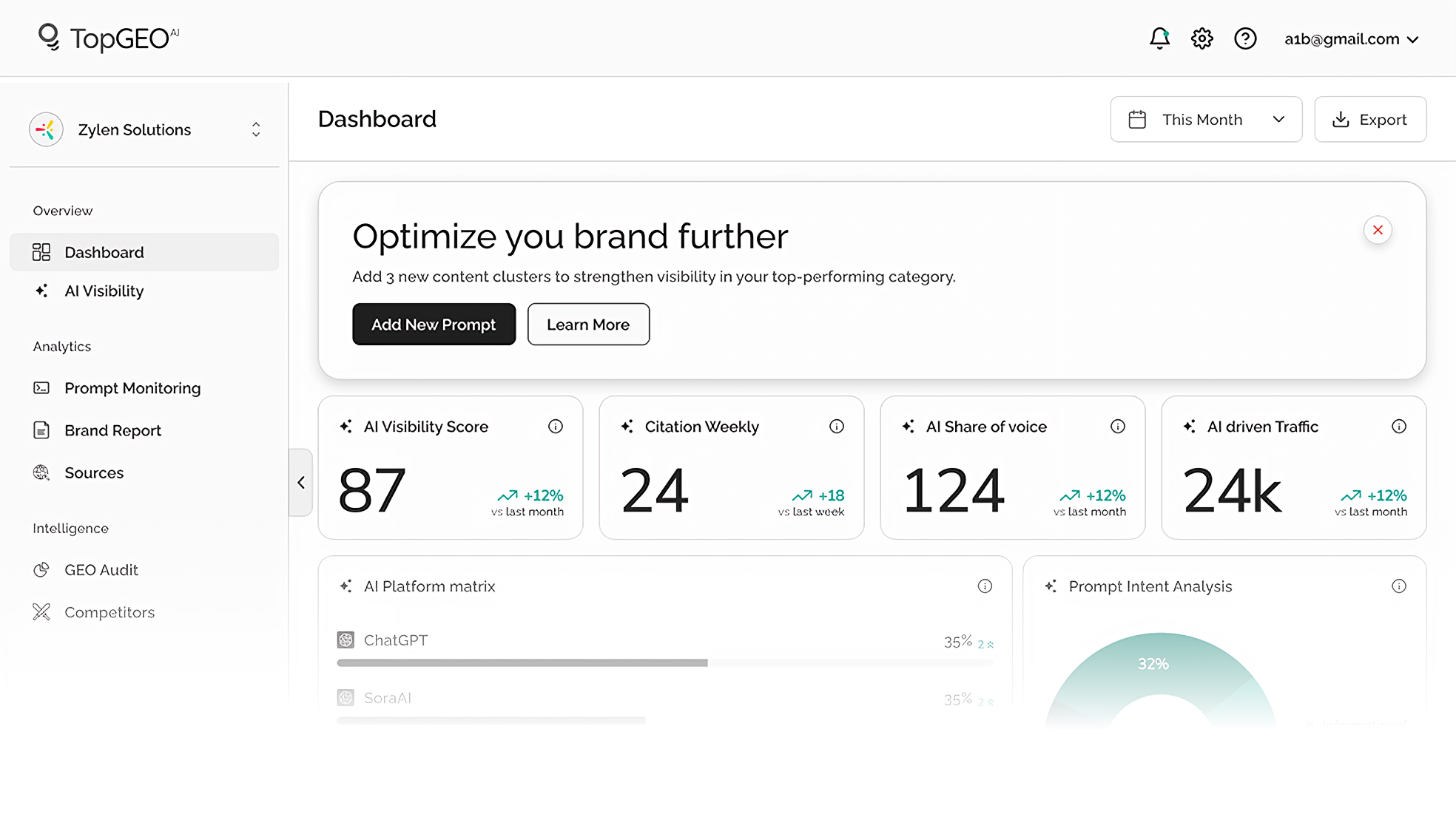TopGEO AI Dashboard showing brand performance metrics and analytics