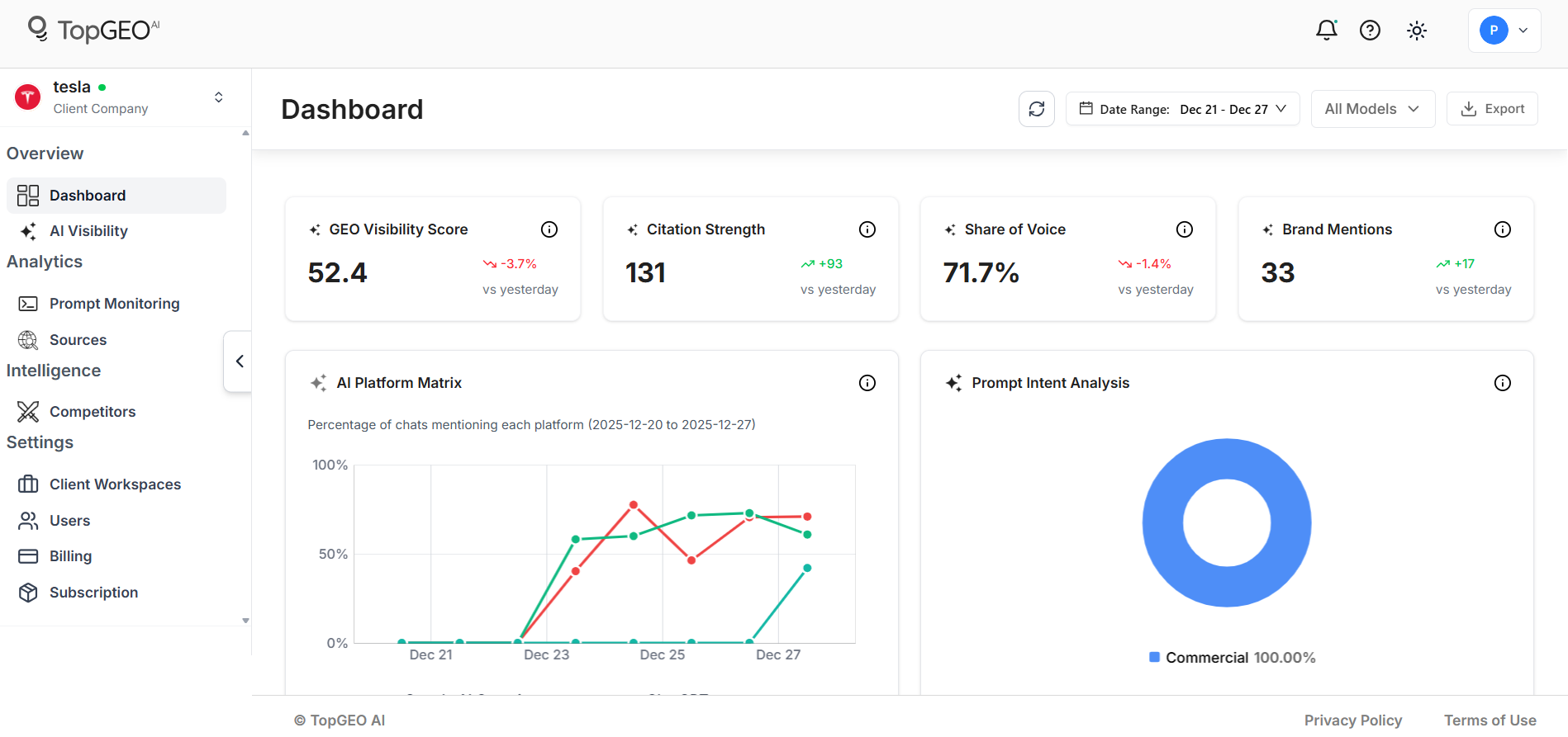 TopGEO AI Dashboard showing brand performance metrics and analytics
